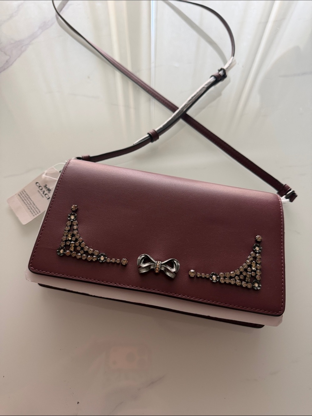 Coach x Selena Gomez Burgendy NWT Leather Crossbody with Crystal Bow Accents